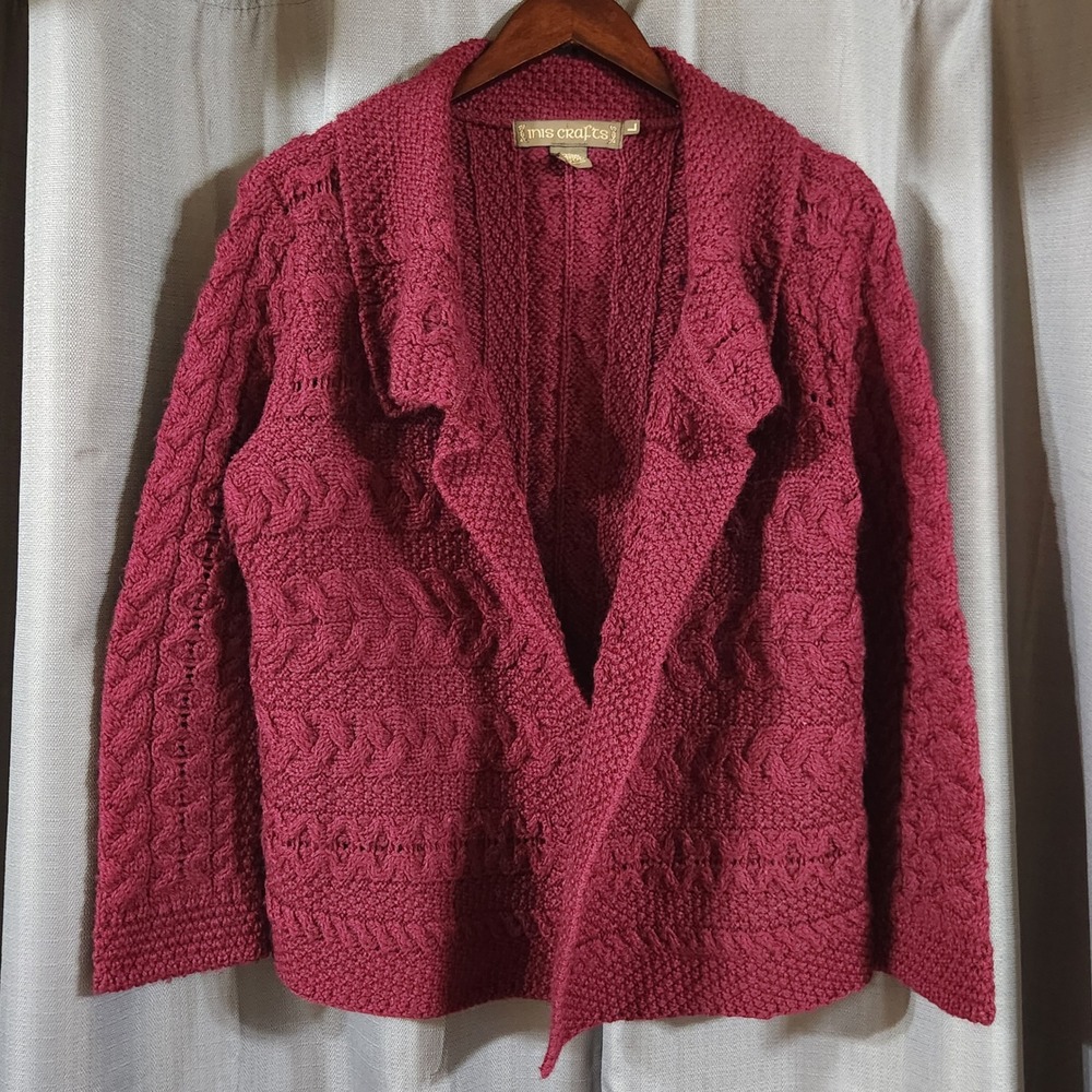 Inis Crafts Merino Wool Cable Knit Cardigan Sweater Burgundy Made in Ireland L